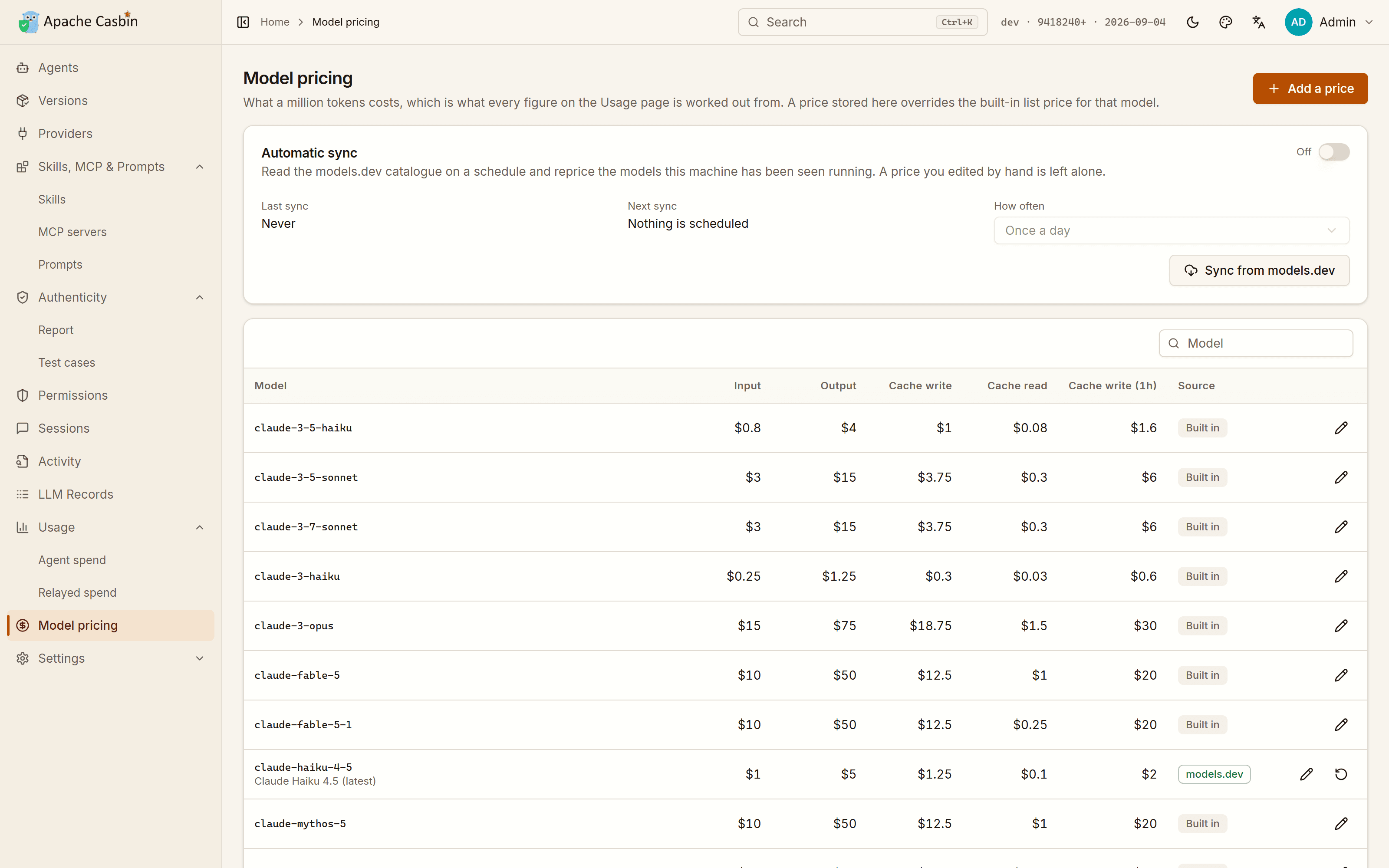 Model pricing